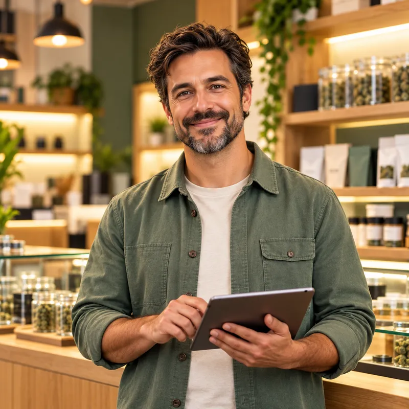 Illustration of a retail professional using a tablet at a cannabis store counter