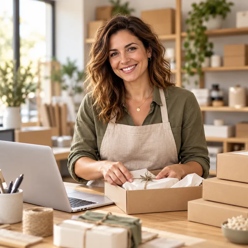 Illustration of an ecommerce business owner at a packing desk with a laptop and shipping boxes