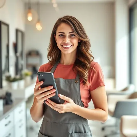 Beauty professional holding a phone in a salon